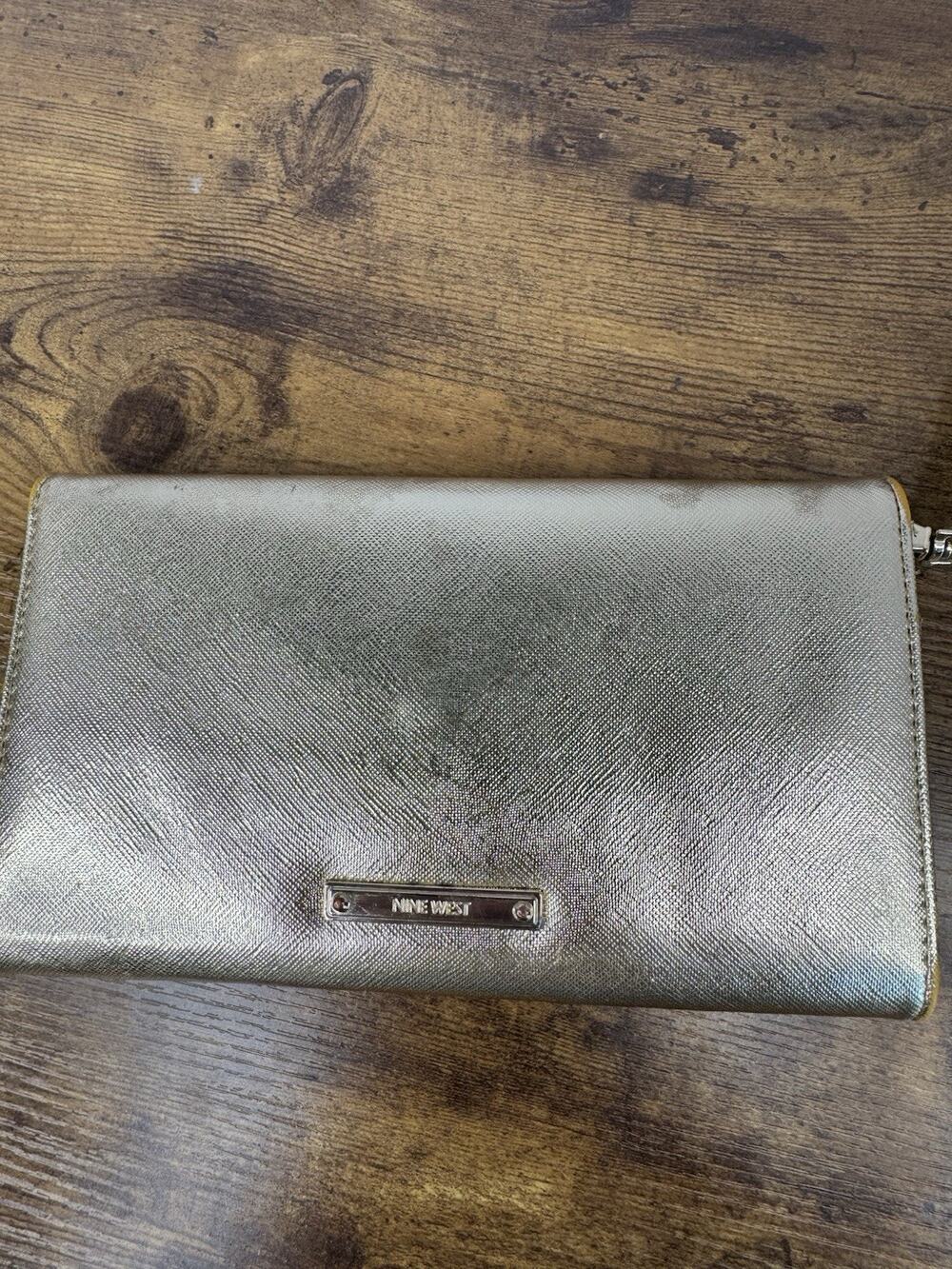 Nine West Metallic Gold Envelope Wristlet Wallet Clutch Mirror Card Slots